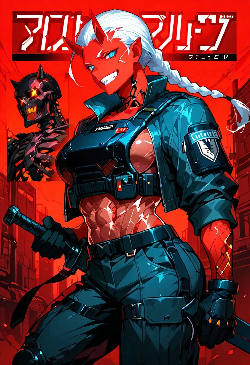 mechanical parts, science fiction, standing, spikes, score_9, score_8_up, score_7_up, solo, looking at viewer, seductive gaze, white hair, long hair, horns, large breasts, round breasts, perfectly round breasts, abs, perfect hands, metal skeleton, transparent body, smile, sharp teeth, cute face, detailed teeth, evil smile, transparent skin, close-up, tilted head, side view, red background, semi-transparent skin, fangs, red skin, artist:moriimee, perfect teeth, sharp_teeth, teeth, braid, braided ponytail, armor, body armor, combat pants, boots, metal horns, tactical clothes, holding sword, cyberpunk background, neon lights, alleyway, combat stance, short horns, blue eyes, glowing eyes, gloves, plate carrier, see-through skin, bone, cybernetic body, fangs, sword, jacket,