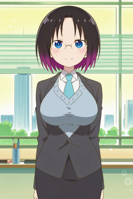 anime screencap, anime coloring, detailed face, masterpiece, best quality, very aesthetic, absurdres, bokeh, volumetric lighting, official style, amazing quality, ultra detailed,  highres, amazing quality, scenery, beautiful detailed hair, beautiful detailed eyes,
in an office,
 <lora:Elma_Miss_Kobayashis_Dragon_Maid:1>
Elma office lady (outfit), Elma (character), 1girl, solo, office lady, blue eyes, slit pupils, pencil skirt, glasses, necktie, multicolored hair, smile, breasts, skirt, gradient hair, black hair, purple hair, large breasts, short hair, looking at the viewer, smile
