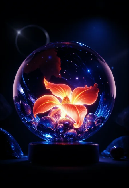 fire flower in a glass ball, space in the background.
 <lora:FLUX_Bioluminescent_Concept:1> bo-bioluminescent 
<lora:Dark Cinematic:1> DRK 
<lora:DarksunRiddV4:1>
 <lora:FL-bailing-24-0906Fire Spirit:1> bailing_fire