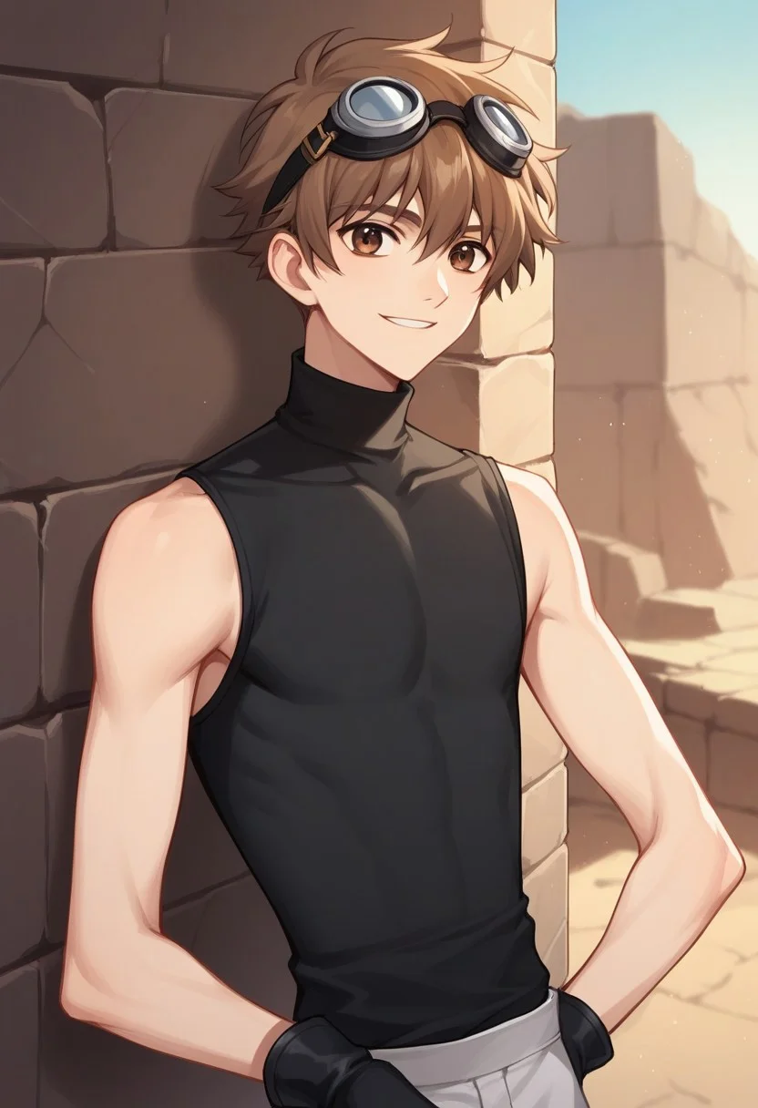 score_9, score_8_up, score_7_up, source_anime, highly detailed,
shaoran, 1boy, solo, male focus brown hair, goggles, brown eyes, gloves, goggles on head, smile, shirt, black shirt, sleeveless, black gloves, turtleneck, white pants, upper body, slender, skinny
outdoor, desert, ruins,