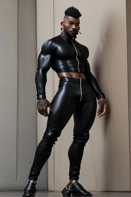 Gay Caucasian man, masculine, hairy, black colour rubber, tight tracksuit, high stiletto heels, chains, tiny man, hold a gay flag, splitting legs