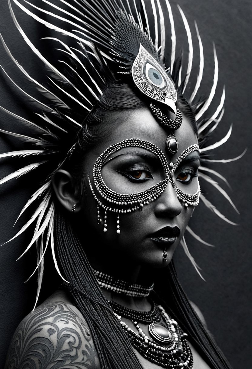 A beast made of writhing shadows and molten metal, with empty eye sockets that bleed black mist, 3D art, minimalist, ink drawing, graphite texture, rough cotton paper, monochrome, tribal portrait, detailed beadwork, feathers, face paint, subtle elegance, organic lines, cultural elements, textured surface, understated beauty, refined, traditional adornment, artistic realism, timeless composition