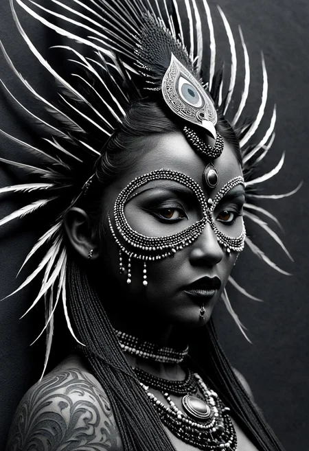 A beast made of writhing shadows and molten metal, with empty eye sockets that bleed black mist, 3D art, minimalist, ink drawing, graphite texture, rough cotton paper, monochrome, tribal portrait, detailed beadwork, feathers, face paint, subtle elegance, organic lines, cultural elements, textured surface, understated beauty, refined, traditional adornment, artistic realism, timeless composition