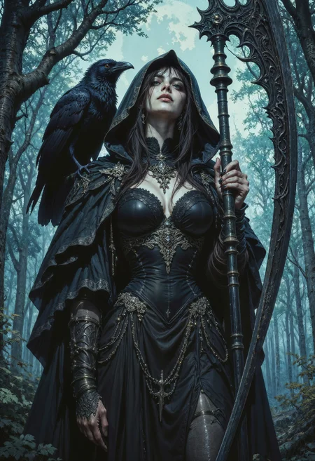 a highly detailed digital artwork depicting a dark, eerie scene in a forest. At the center is a mysterious woman with pale skin and long, flowing black hair, partially obscured by a hooded cloak. She wears a tight, black, gothic-style dress with intricate lace and chain details, emphasizing her large breasts and curvy figure. Her attire suggests a blend of medieval and modern gothic fashion. The woman holds a large, curved scythe with a sharp blade, and a black raven perches on her shoulder, adding a touch of mysticism.
The background features a dense forest with tall, slender trees, their trunks and branches creating a shadowy, almost ethereal atmosphere. The forest is bathed in a blue, moonlit glow, casting an otherworldly light on the scene. The textures in the artwork are smooth and polished, with a high level of detail in the character's clothing and the forest surroundings. The overall mood is dark and foreboding, evoking themes of death and mystery. The style is reminiscent of modern fantasy art with a strong emphasis on dark, atmospheric elements.