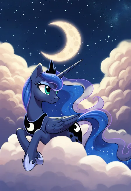 score_9, score_8_up, score_7_up, score_6_up, score_5_up, score_4_up, rating_safe, princess luna, blue skin, blue body, alicorn, female, mare, pony, solo, cloud, crescent moon, high res, moon, night, sky, stars, looking away, s1 luna, sweet dreams fuel, tangible heavenly object, cheese moon, smiling, transparent moon, g4, detailed, beautiful, detailed background, <lora:Wholesome-MLP-v1.3b:1>