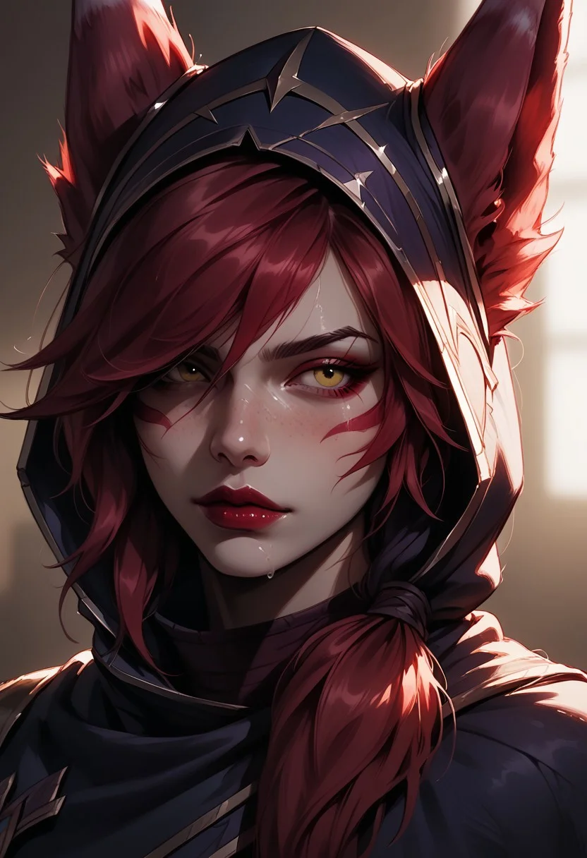 score_9, score_8_up, score_7_up, score_6_up, 1 girl , kawaii girl, freckles, sexy, blushing, petite, slim, soles, portrait, bedroom, detailed drawing, partially illuminated, blurry background, slightly angled view, s1_dram, watercolor \(medium\), traditional media, xayah league of legends, red hair, yellow eyes, cat ears, red feathers, ears through headwear, hair over one eye, bangs, long hair, facial markings, red dress, feathers cloak, feathers, smooth hair, shiny skin, cloth collar, close up view, red makeup, red lipstick, large black face markings, ((dimples)),