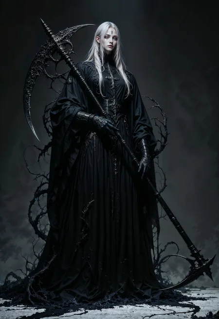 An1meL1nes, full-body character design of A woman with ethereal beauty, beautiful but terrifying, with totally white eyes, ashy white hair, pale skin, wearing a black robe surrounded by a black aura and carrying the sickle of death, her presence gives a shiver. (maximum ultra high definition image quality and rendering:3), maximum image detail, maximum realistic render, (((ultra realist style))), realist side lighting, , 8K high definition, realist soft lighting, (amazing special effect:3.5). <lora:FluxMythAn1meL1nes:1>