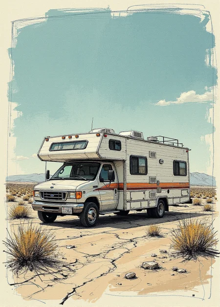 <lora:ck-charcoal-drawing-000014:1>, sketch in the style of ck-ccd, featuring a textured Walter White’s RV meth lab scene in the New Mexico desert from Breaking Bad