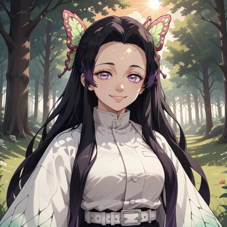 score_9, score_8, BREAK, solo, Kanae_Kochou_(Demon_Slayer), black hair, long hair, violet eyes, butterfly hair ornament, black shirt, white coat, wide sleeves, white belt, black pants, sandals, self portrait, smile, looking at viewer, outdoors, sunlight, shadows, evening lighting, natural lighting, forest, trees, grass, orange sky, sunset