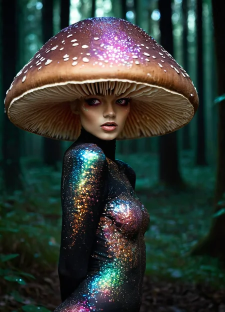 photo of a mushroom with GlitterStyle, makeup, in the dark forest,
 <lora:GlitterStyle_sdxl:0.8>