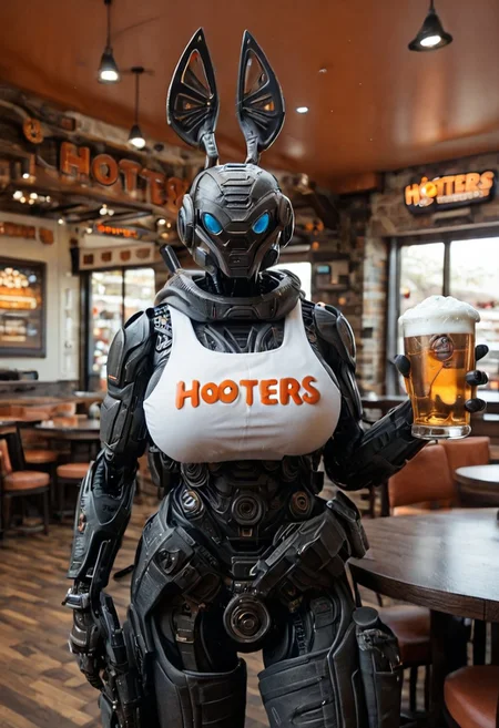 embedding:IllusP0s, spectre\(titanfall\), humanoid robot, lcowboy shot, 1girl, solo, huge breasts, hooters outfit, hooters restaurant background, holding assault rifle, holding beer
