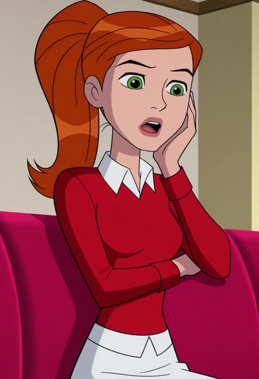 gwen_af, 1girl, solo, green eyes, long hair,ponytail, orange hair, skirt, parody, style parody, red shirt and white outfit,official outfit,long sleeves,upper body, open mouth,lipstick,sitting,hand on own face