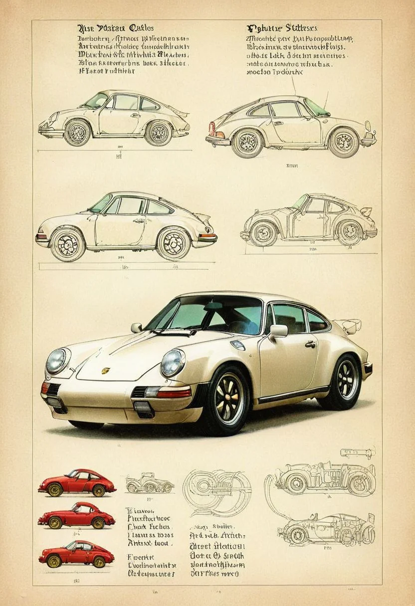 intricate details, photorealistic, masterpiece, photography, cinematic lighting, hyperrealistic, white porsche 911 sports car, parts info, diagram, manual, engine, instructions, vintage poster, technical illustration, medieval castle courtyard background, vintageillustration