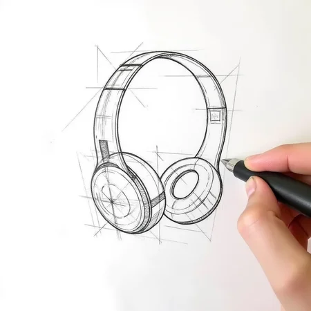 industrial_design_sketch_style,construction lines,A fountain pen sketching a pair of headphones on a piece of paper,