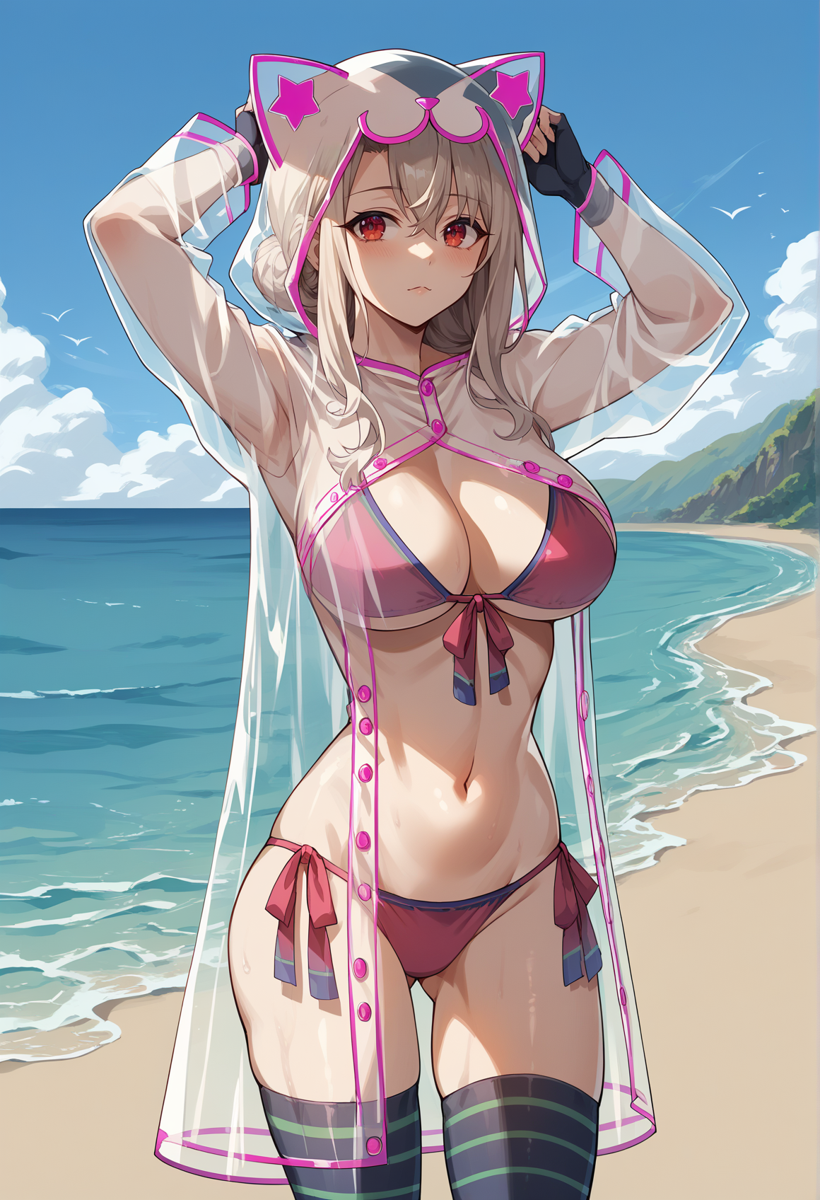 1girl, solo, white hair, red eyes, long hair, double bun, pink bikini, asymmetrical legwear, partially fingerless gloves, raincoat, see-through, cat Hood, hand on hair, outdoors, beach, big breasts
 <lora:Illya_pony_v2:1>, score_9, score_8_up, score_7_up, score_6_up, score_5_up, score_4_up, BREAK source_anime, masterpiece