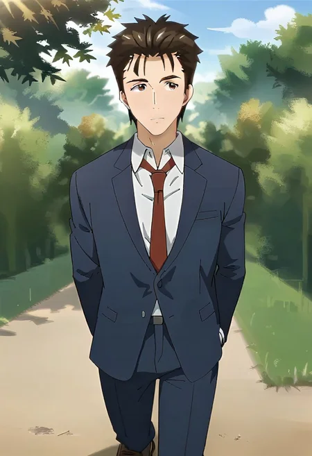 (score 9, score 8 up, score 7 up),((source anime, best quality, best aesthetic, perfect anatomy)),1boy,male focus,handsome detailed face,black eyes,blazer,collared shirt,slim body,skinny,necktie,solo,((Fear Kubrick, walking on liquid, neon light, in a meadow, medium full shot, ground view up)),<lora:Shinich:1>,shinichi,<lora:Smooth Anime 2 Style SDXL_LoRA_Pony Diffusion V6 XL:1>,<lora:aesthetic_anime_v1s:1>,