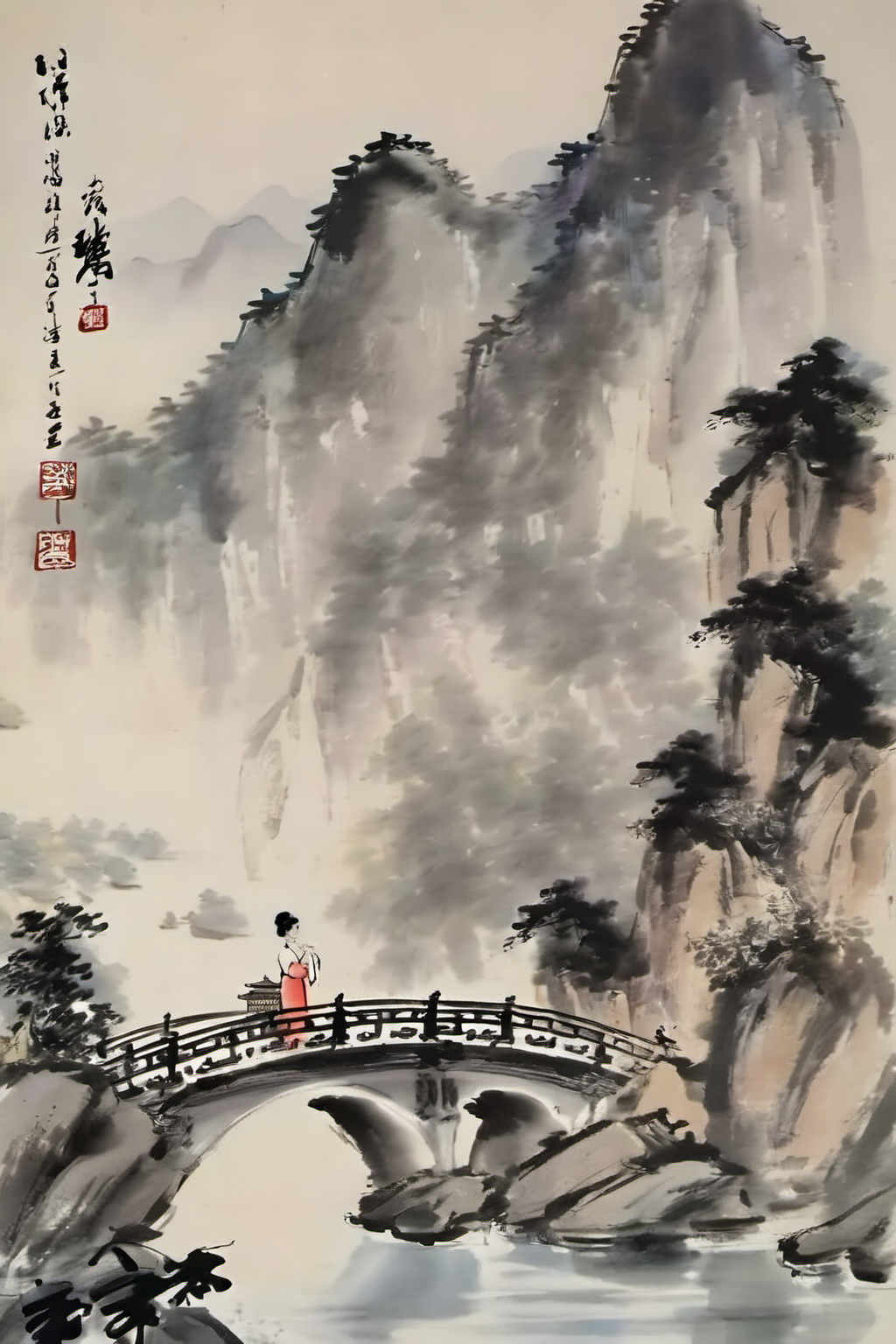 chinese ink painting, traditional media, liujiyou, 1 girl, wearing cheongsam, standing on the bridge, lake, chinese architecture, mountain, tower  <lora:liujiyou-000008:0.8>