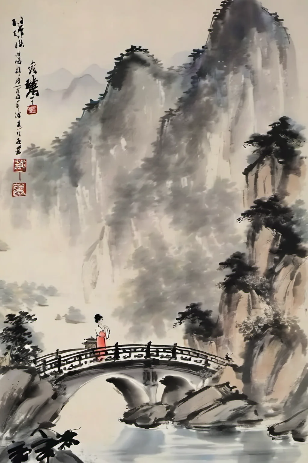 chinese ink painting, traditional media, liujiyou, 1 girl, wearing cheongsam, standing on the bridge, lake, chinese architecture, mountain, tower <lora:liujiyou-000008:0.8>