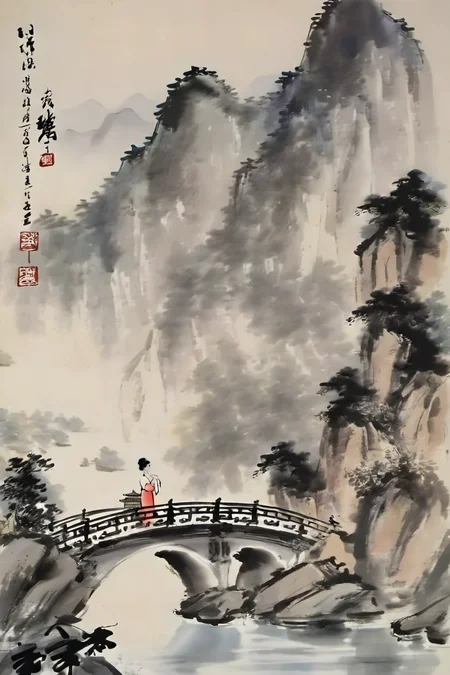 chinese ink painting, traditional media, liujiyou, 1 girl, wearing cheongsam, standing on the bridge, lake, chinese architecture, mountain, tower <lora:liujiyou-000008:0.8>