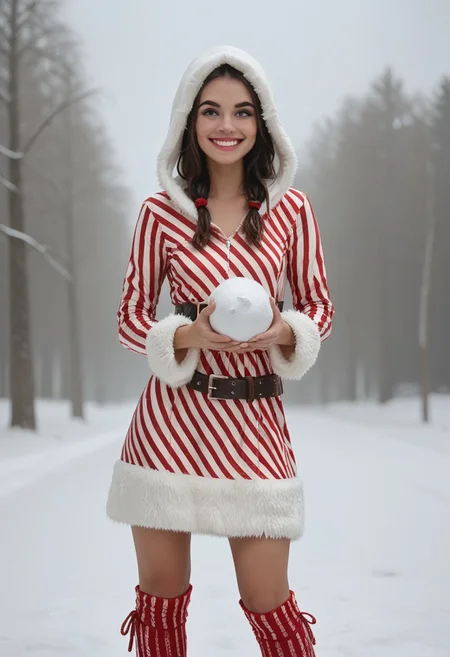 score_9, score_8_up, score_7_up, 1woman, jack_tnbc, hud_xmas1, striped dress, fur trim, long sleeves, leg warmers, belt, hood, christmas, cowboy shot, light smile, snow, holding snowball