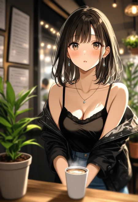 <lora:BLE 0.5v:1>, BLE,
1girl, long hair, breasts, looking at viewer, blush, open mouth, shirt, skirt, brown hair, black hair, cleavage, jewelry, bare shoulders, brown eyes, jacket, collarbone, earrings, parted lips, solo focus, indoors, medium hair, off shoulder, necklace, blurry, black jacket, cup, blurry background, night, depth of field, plant, camisole, potted plant, coffee, cafe,