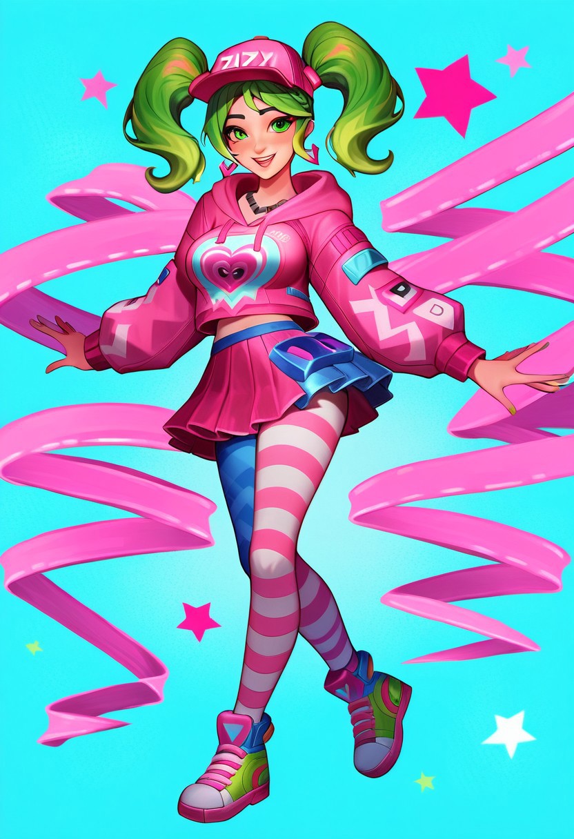 score_9, score_8_up, score_7_up, score_6_up, score_5_up, score_4_up, source_anime, zoey from Fortnite, Zoey, Twintails, pink shoulderless hoodie, pink cap, green hair, neon green twintails, eyes looking viewer, extremely luminous bright design, extremely pastel colors, (night futuristic utopic disco background:1.4), pastel colors, dancing upbeat, smile, full neon lights dance suit, full body, high quality, highres, 1girl, (mini skirt pink), 
((striped leggings black and gray))
