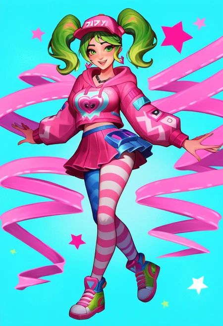 score_9, score_8_up, score_7_up, score_6_up, score_5_up, score_4_up, source_anime, zoey from Fortnite, Zoey, Twintails, pink shoulderless hoodie, pink cap, green hair, neon green twintails, eyes looking viewer, extremely luminous bright design, extremely pastel colors, (night futuristic utopic disco background:1.4), pastel colors, dancing upbeat, smile, full neon lights dance suit, full body, high quality, highres, 1girl, (mini skirt pink), 
((striped leggings black and gray))