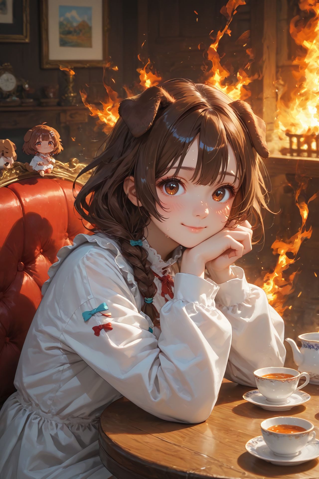 looking at viewer,detailed background,Cinematic Lighting,film grain,score_9,score_8_up,score_7_up,masterpiece,best quality,highly detailed,
<lora:(增强)sdxl_lightning_8step_lora:1>,<lora:glowneon_xl_v1:1>,glowing,<lora:Expressive_H:0.8>,Expressiveh,<lora:th3rm4lXLP:0.4>,th3rm4l,colorful,
1girl,animal ears,brown hair,smile,cup,virtual youtuber,solo,dog ears,brown eyes,(fire:1.2),inugami korone,holding,bangs,sitting,long sleeves,teacup,blush,food,chair,table,sweat,indoors,closed mouth,dog girl,chibi,looking at viewer,(burning:1.2),