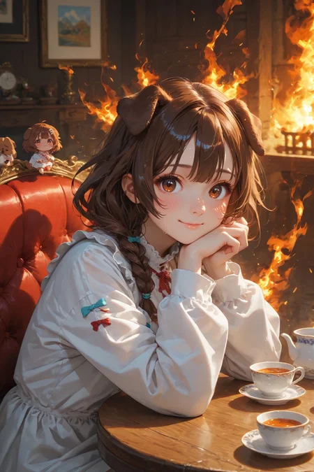 looking at viewer,detailed background,Cinematic Lighting,film grain,score_9,score_8_up,score_7_up,masterpiece,best quality,highly detailed,
<lora:(增强)sdxl_lightning_8step_lora:1>,<lora:glowneon_xl_v1:1>,glowing,<lora:Expressive_H:0.8>,Expressiveh,<lora:th3rm4lXLP:0.4>,th3rm4l,colorful,
1girl,animal ears,brown hair,smile,cup,virtual youtuber,solo,dog ears,brown eyes,(fire:1.2),inugami korone,holding,bangs,sitting,long sleeves,teacup,blush,food,chair,table,sweat,indoors,closed mouth,dog girl,chibi,looking at viewer,(burning:1.2),