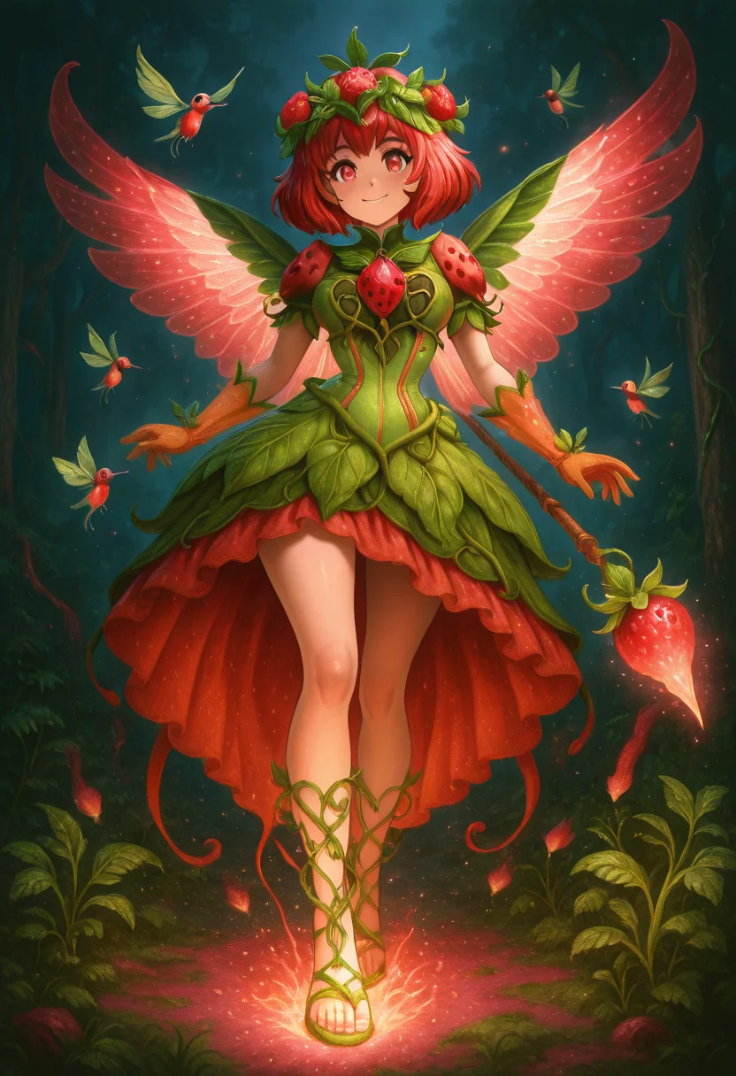 masterpiece, best quality, solo, curvy, beautiful eyes, narrow waist, wide hips, 1girl, solo, smile, looking at viewer, dynamic angle, foreshortening, close up,       strbrry, <lora:StrawberryWorldMorph_IXL_v1:1.0>,[Floral Enchantress of Bloomcraft], petal-layered dress in soft pink and green, vine-laced sandals, flower crown that changes with mood, pollen-sprinkled gloves, hummingbird brooch, staff topped with blooming bud, overgrown ruin garden bathed in springlight, floating seeds, kind smile,