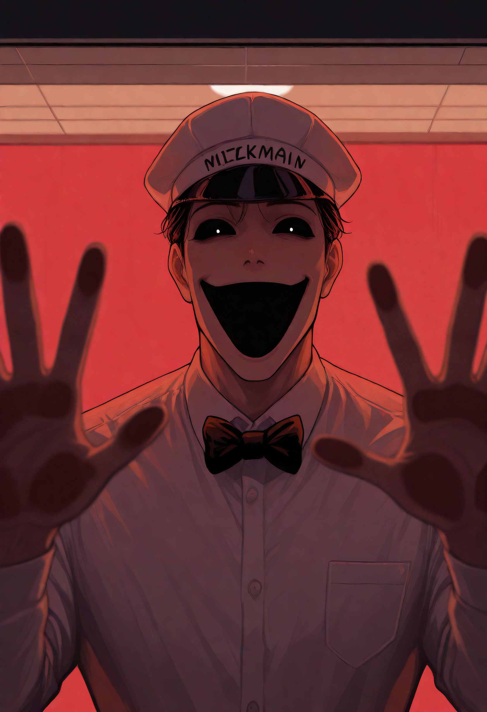 embedding:Illustrious\Positive\IllustriousQual, embedding:Illustrious\Positive\IllusP0s, 1boy, hat, collared shirt, bowtie, Hoon man, blank black eyes, black mouth, laugh, window, hand against glass best quality, masterpiece, high resolution.