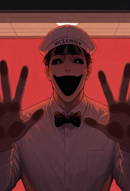 embedding:Illustrious\Positive\IllustriousQual, embedding:Illustrious\Positive\IllusP0s, 1boy, hat, collared shirt, bowtie, Hoon man, blank black eyes, black mouth, laugh, window, hand against glass best quality, masterpiece, high resolution.