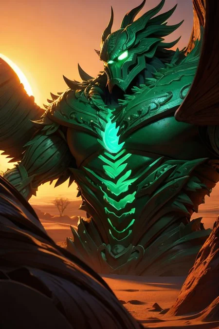 monster of branched wood titans in armor, full-length, angry look, shining thirst, glow of malachite veins, wood carved grace, random leaves, endless desert, sand dunes, sunset, high resolution, hyper detail, fantasy, hyperrealistic, aesthetic,