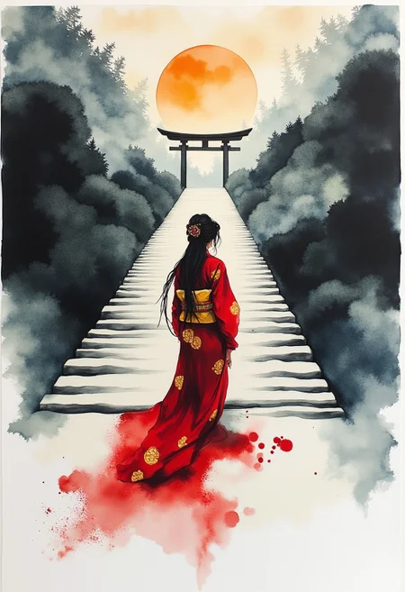 ArsMJStyle, Expressive Watercolor Ink Wash, Stunning Japanese woman (long loose hair, sidelocks, hair ornament, red and gold silk kimono) standing at the base of a flight of steps leading up a steep hill to a shinto shrine, in front of wooded mountains, sunset, faint mist, facing the viewer, direct gaze