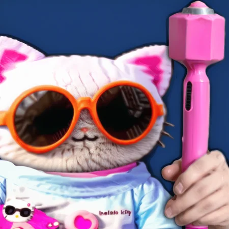 masterpiece illustration of a hello kitty sock puppet,<lora:LasogetteXL_v1:0.9>,cool 90s sunglasses,hare krishna gown,holding a giant pink dildo penis vibrator,
