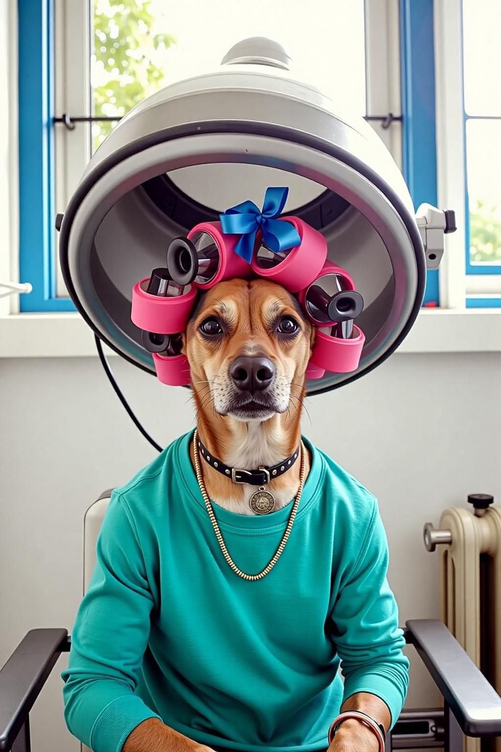 a dog is wearing a teal long-sleeved t-shirt, adorned with a necklace and a bracelet. The dog is under a large vintage hair dryer, with curling curlers and pink curling hair. The curlers are secured by a blue ribbon, adding a pop of color to the scene. The backdrop is a stark white wall, and a window with a blue frame. A radiator is visible on the right side of the frame. <lora:vintage_hair_dryer_v1:1.0> <lora:Flux-Sch-SingleBlocks-BF16:1.0><lora:803950700510880903:0>