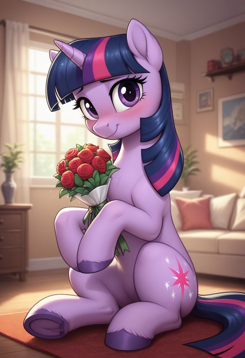 score_9, score_8_up, score_7_up, score_6_up, pony, unicorn, feral, mare, solo, (twilight sparkle), no breasts, living room, indoors, (sunny day), tail, photo_realistic, blushing female, looking at you, dynamic pose, dramatic angle, face focus, (bouquet of roses, holding bouquet with hooves), (sitting)
