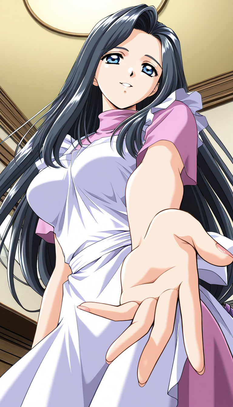 masterpiece, best quality, good quality,  <lora:Nami_Koihime_IS:1>Nami_Koihime, long hair, breasts, black hair, medium breasts,blue eyes, large breasts, 1990s (style), Foreheadã
 1girl, white apron, smile, looking at viewer, solo, indoors, foreshortening, 
parted lips, short sleeves, ceiling, from below, fingernails, pink turtleneck, solo focus,