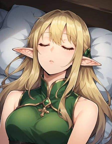 score_9, score_8_up, score_7_up, score_6_up, sigamastyle,
1girl, green tunic, 1girl, long hair, blonde, elf, sleeveless, beautiful face, 24 years old, closed eyes, bangs, record of lodoss war, upper body, bedroom, gothic architecture, detailed background, bed sheet, sleeping,
<lora:sigama_style_v1:1>