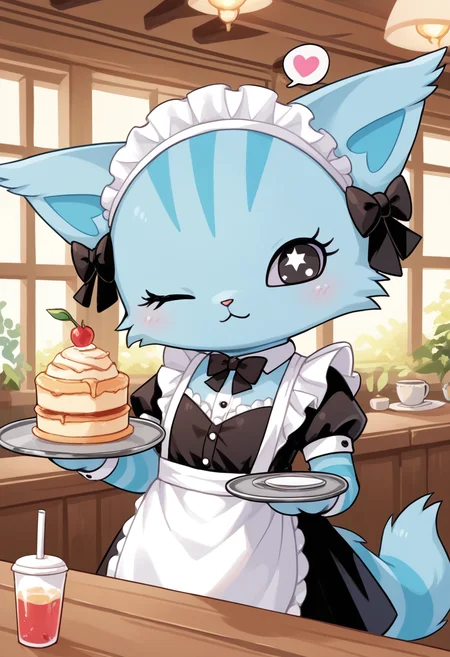 score_9, score_8_up, score_7_up, score_6_up, score_5_up, BREAK
chelsea, furry, chibi, feral, hair bow, cat, colored sclera, cafe, maid, maid headdress, tray, one eye closed, spoken heart, 1 girl, solo