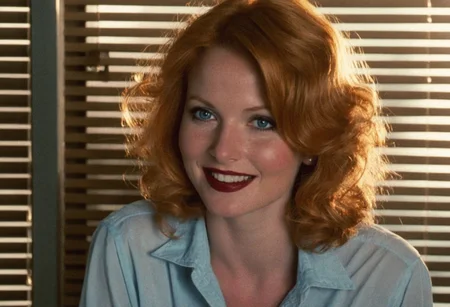 CinematicPortrait woman analog photo ginger smile masterpiece indoors, (glossy dark lipstick), blue eyes, (blinds backlight), soft focus, depth of field, film grain, (((looking at viewer))) <lora:CinematicPortraitXL_v3:0.3> <lora:EuroBabe-v4-XL:0.3>
