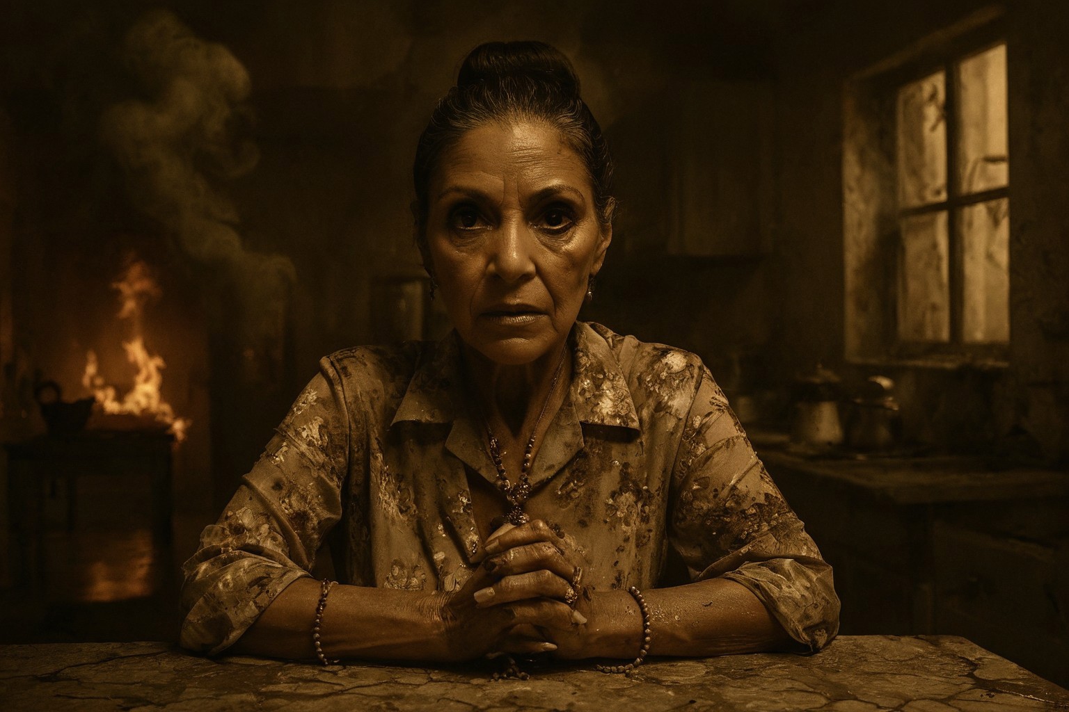 sepia-toned surreal photography, Georgina Montana in the Scarface sequel as eternal matriarch of the damned, aged Latina woman with weathered skin and sharp eyes, hair tied in a tight bun with a rosary clenched in one hand, wearing a faded floral blouse covered in ash, seated with hands folded in judgment at a cracked stone kitchen table, upper body still and upright, close-up shot, eye-level angle, background of a decaying Miami kitchen overrun by smoke and fire, mood of spiritual defiance and maternal sorrow, harsh directional lighting from overhead, desaturated palette with soft gold and burnt umber, inspired by Latin American magical realism and religious symbolism