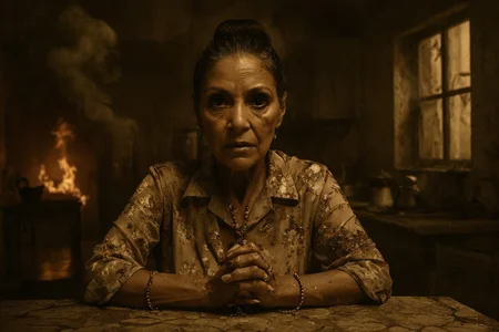 sepia-toned surreal photography, Georgina Montana in the Scarface sequel as eternal matriarch of the damned, aged Latina woman with weathered skin and sharp eyes, hair tied in a tight bun with a rosary clenched in one hand, wearing a faded floral blouse covered in ash, seated with hands folded in judgment at a cracked stone kitchen table, upper body still and upright, close-up shot, eye-level angle, background of a decaying Miami kitchen overrun by smoke and fire, mood of spiritual defiance and maternal sorrow, harsh directional lighting from overhead, desaturated palette with soft gold and burnt umber, inspired by Latin American magical realism and religious symbolism
