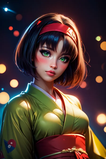 score_9, score_8_up, score_8, medium breasts, (curvy), cute, eyelashes, BREAK, , zzErika, green eyes, short black hair, kimono, Japanese clothes, hakama, red hairband, <lora:ErikaPokemonPDXL:0.8>, , BREAK, (ultra realistic,32k, masterpiece:1.2),(high detailed skin:1.1),( high quality:1.1), curvy, head tilt, hearts, blush, lips, curvy, head tilt, shiny clothes, (upper body), looking at viewer, bokeh, luminescent background, embedding:zPDXL, Expressiveh, <lora:RlAnmPDXL:1.0>,