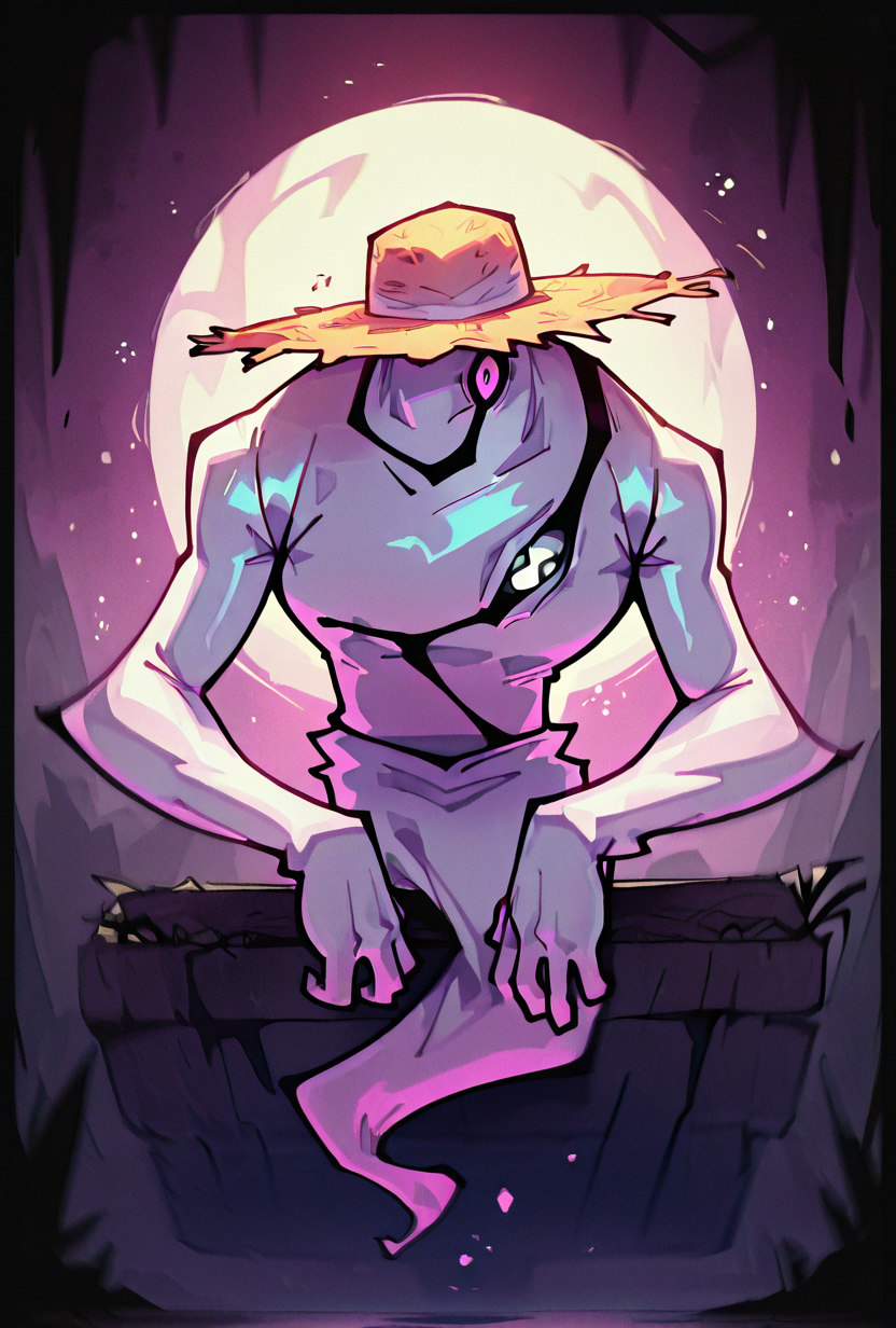 <lora:ghostfreak-08:1> ghostfreak, solo, no humans, purple eye, ghost, floating, particles, dynamic pose, upper body,,  big arms,  leaning to side, zoomed in shot,  <lora:sakfsdajfkasd:1> alpharecdyt, on the each, sitting on tye sad, leaning, straw hat,, masterpiece, best quality, amazing quality, very aesthetic, absurdres, newest,