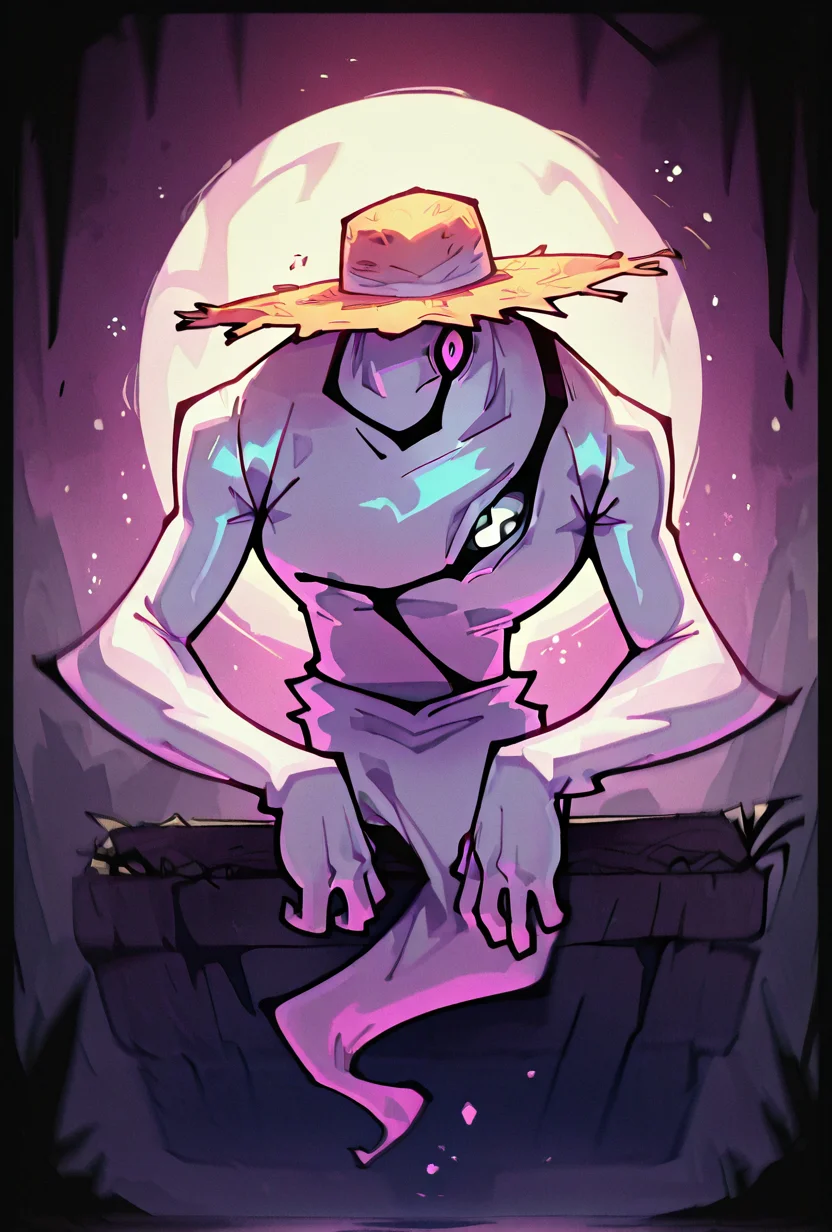 <lora:ghostfreak-08:1> ghostfreak, solo, no humans, purple eye, ghost, floating, particles, dynamic pose, upper body,, big arms, leaning to side, zoomed in shot, <lora:sakfsdajfkasd:1> alpharecdyt, on the each, sitting on tye sad, leaning, straw hat,, masterpiece, best quality, amazing quality, very aesthetic, absurdres, newest,