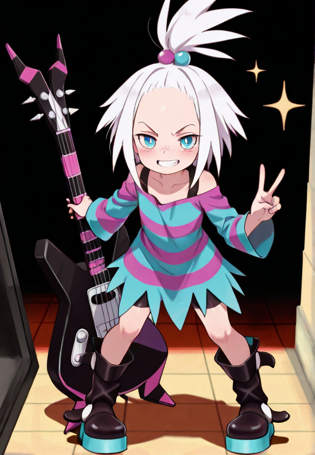 masterpiece, best quality, amazing quality, very aesthetic, absurdres,  newest, detailed background,
roxie, 1girl, solo, looking at viewer, blush, smile, short hair, blue eyes, hair ornament,  dress, standing, full body, white hair, boots, teeth, black footwear, striped clothes, grin, flat chest, strapless, v, sparkle, spiked hair, bright pupils, hair bobbles, bike shorts, instrument, strapless dress, white pupils, forehead, freckles, legs apart, two-tone dress, pigeon-toed, platform footwear, striped dress, jaggy lines, topknot, bra strap, bass guitar, instrument case, combat boots, shorts under dress, platform boots
 <lora:Roxie_-_Pokemon_Illustrious:1>