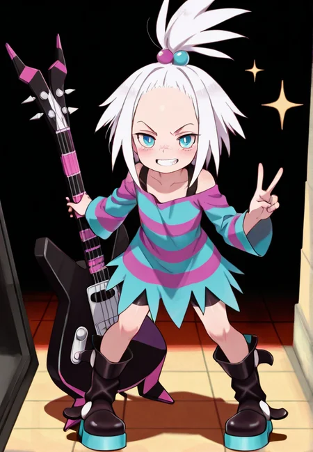 masterpiece, best quality, amazing quality, very aesthetic, absurdres, newest, detailed background,
roxie, 1girl, solo, looking at viewer, blush, smile, short hair, blue eyes, hair ornament, dress, standing, full body, white hair, boots, teeth, black footwear, striped clothes, grin, flat chest, strapless, v, sparkle, spiked hair, bright pupils, hair bobbles, bike shorts, instrument, strapless dress, white pupils, forehead, freckles, legs apart, two-tone dress, pigeon-toed, platform footwear, striped dress, jaggy lines, topknot, bra strap, bass guitar, instrument case, combat boots, shorts under dress, platform boots
<lora:Roxie_-_Pokemon_Illustrious:1>