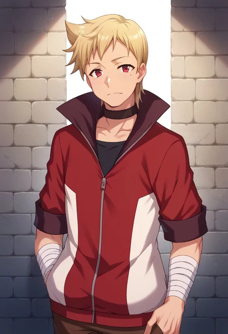 score_9, score_8_up, score_7_up, Details, Captivating Details, intricate Details, Max Details, Detailed, Dust-Liver020, 1boy, solo, blonde hair, red eyes, brown pants, 1man, male focus, mole under eye, bandages, collar, black shirt, red jacket, red and white jacket, rolled up sleeves
