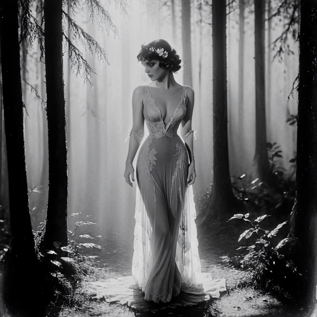 <lora:20s_Silent_MovieSDXL:1> ArsMovieStill, 20s Silent Movie Still, Black and White, The image is a black and white photograph of a woman standing in a forest. She is wearing a long flowing dress with a deep V-neckline and a lace overlay. The dress is long and flowy reaching her knees. The woman is standing in the center of the image with her back to the camera facing away from the camera. She has her hair styled in an updo with a flower in her hair. The background is filled with tall trees and foliage and the sunlight is shining through the trees creating a dappled effect on the woman's face. The overall mood of the photograph is mysterious and ethereal., 1girl, greyscale, monochrome, solo, dress, nature, forest, breasts, gloves, elbow gloves